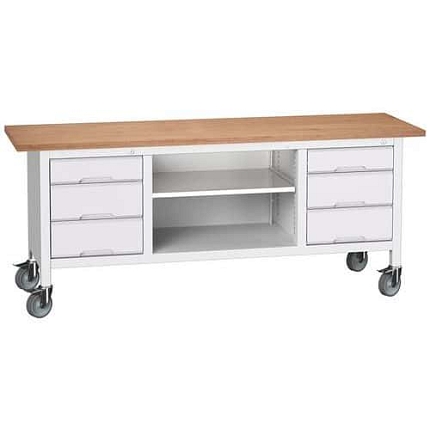 Mobilní dílenský stůl Bott Verso Storage, 200 x 60 x 83 cm, multiplex, 6 zásuvek, 1 police, šedá-šedá