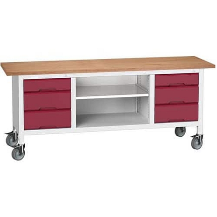 Mobilní dílenský stůl Bott Verso Storage, 200 x 60 x 83 cm, multiplex, 6 zásuvek, 1 police, šedá-červená