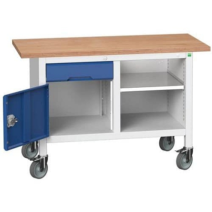 Mobilní dílenský stůl Bott Verso Storage, 125 x 60 x 83 cm, multiplex, 1 zásuvka, 1 skříňka, 1 police, šedá-modrá