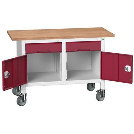 Mobilní dílenský stůl Bott Verso Storage, 125 x 60 x 83 cm, multiplex, 2 zásuvky, 2 skříňky, šedá-červená