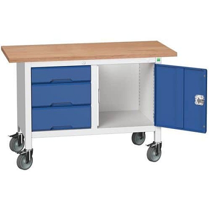 Mobilní dílenský stůl Bott Verso Storage, 125 x 60 x 83 cm, multiplex, 3 zásuvky, 1 skříňky, šedá-modrá