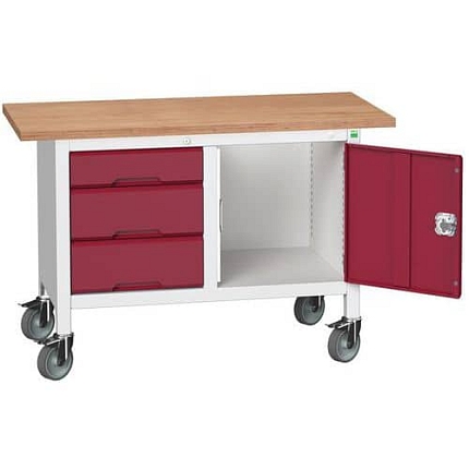 Mobilní dílenský stůl Bott Verso Storage, 125 x 60 x 83 cm, multiplex, 3 zásuvky, 1 skříňky, šedá-červená