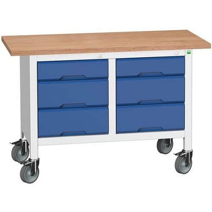 Mobilní dílenský stůl Bott Verso Storage, 125 x 60 x 83 cm, multiplex, 6 zásuvek, šedá-modrá