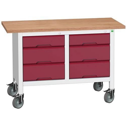 Mobilní dílenský stůl Bott Verso Storage, 125 x 60 x 83 cm, multiplex, 6 zásuvek, šedá-červená