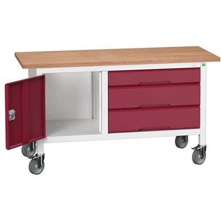 Mobilní dílenský stůl Bott Verso Storage, 150 x 60 x 83 cm, multiplex, 3 zásuvky, 1 skříňka, šedá-červená