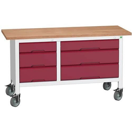 Mobilní dílenský stůl Bott Verso Storage, 150 x 60 x 83 cm, multiplex, 3 zásuvek, šedá-červená