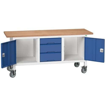 Mobilní dílenský stůl Bott Verso Storage, 175 x 60 x 83 cm, multiplex, 3 zásuvky, 2 skříňky, šedá-modrá