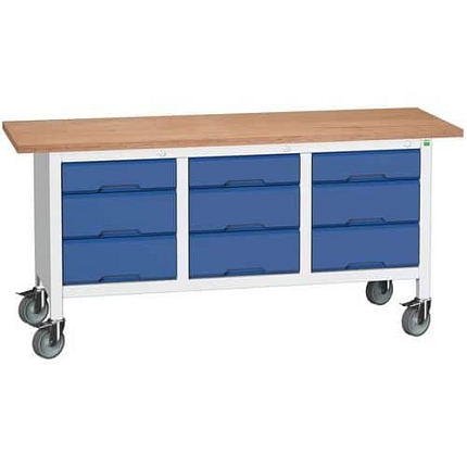 Mobilní dílenský stůl Bott Verso Storage, 175 x 60 x 83 cm, multiplex, 9 zásuvek, šedá-modrá