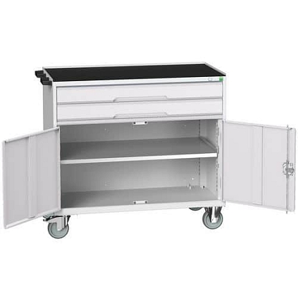 Mobilní pracovní stůl se zásuvkami Bott Verso, 96,5 x 105 x 55 cm, 2 zásuvky, skříňka, rohož, šedá-šedá