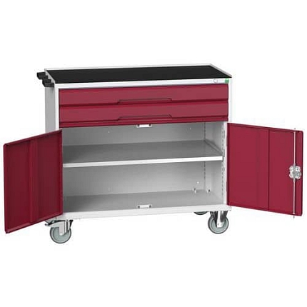 Mobilní pracovní stůl se zásuvkami Bott Verso, 96,5 x 105 x 55 cm, 2 zásuvky, skříňka, rohož, šedá-červená