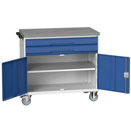 Mobilní pracovní stůl se zásuvkami Bott Verso, 98 x 105 x 60 cm, 2 zásuvky, skříňka, linoleum, šedá-modrá