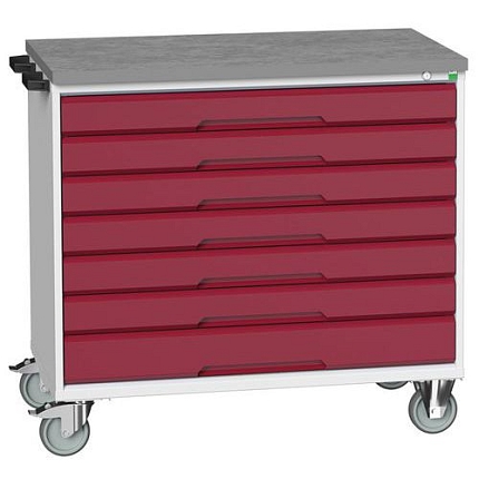 Mobilní pracovní stůl se zásuvkami Bott Verso, 98 x 105 x 60 cm, 7 zásuvek, linoleum, šedá-červená