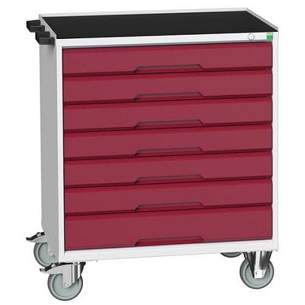 Mobilní pracovní stůl se zásuvkami Bott Verso, 96,5 x 80 x 55 cm, 7 zásuvek, rohož, šedá-červená