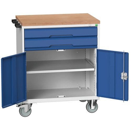 Mobilní pracovní stůl se zásuvkami Bott Verso, 98 x 80 x 60 cm, 2 zásuvky, skříňka, multiplex, šedá-modrá