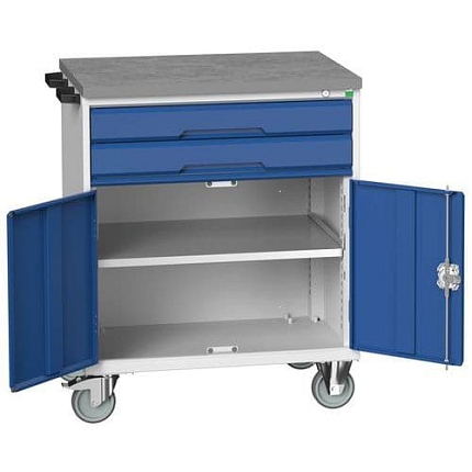 Mobilní pracovní stůl se zásuvkami Bott Verso, 98 x 80 x 60 cm, 2 zásuvky, skříňka, linoleum, šedá-modrá