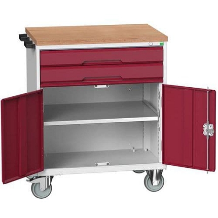 Mobilní pracovní stůl se zásuvkami Bott Verso, 98 x 80 x 60 cm, 2 zásuvky, skříňka, multiplex, šedá-červená