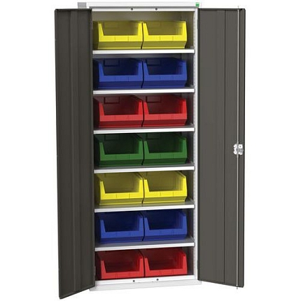 Skříň Bott Verso s boxy, 200 x 80 x 55 cm, 6 polic, 14 boxů, šedá-antracit