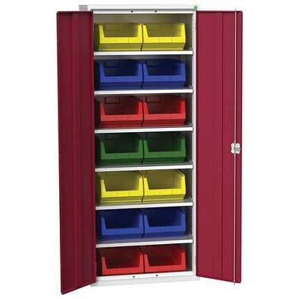 Skříň Bott Verso s boxy, 200 x 80 x 55 cm, 6 polic, 14 boxů, šedá-červená