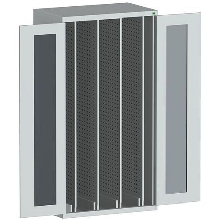 Dílenská skříň Bott Cubio s výsuvnými perfopanely, 200 x 105 x 65 cm, průhledné dveře, šedá-šedá