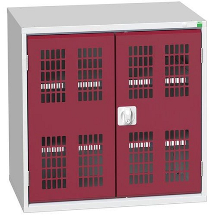 Dílenská skříň policová Bott Verso, drátěné dveře, 80 x 80 x 55 cm, 2 police, šedá-červená