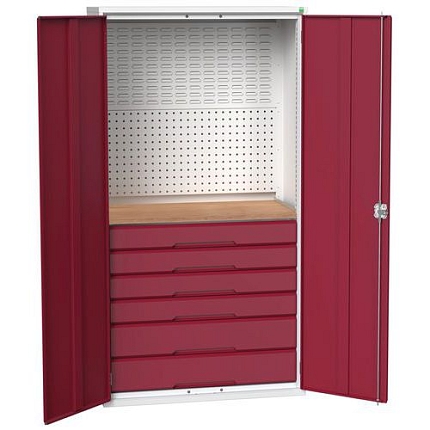 Dílenská skříň se zásuvkami Bott Verso, 200 x 105 x 55 cm, 6 zásuvek, šedá-červená