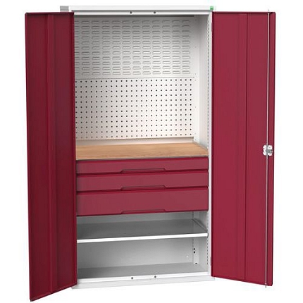 Dílenská skříň se zásuvkami Bott Verso, 200 x 105 x 55 cm, 1 police, 3 zásuvky, šedá-červená