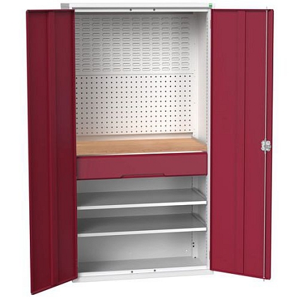 Dílenská skříň se zásuvkami Bott Verso, 200 x 105 x 55 cm, 2 police, 1 zásuvka, šedá-červená