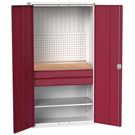 Dílenská skříň se zásuvkami Bott Verso, 200 x 105 x 55 cm, 1 police, 2 zásuvky, šedá-červená