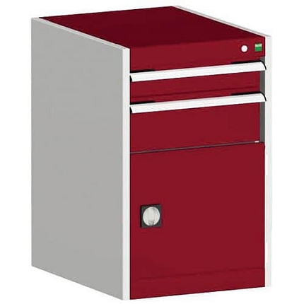 Dílenská zásuvková skříň Bott Cubio, 80 x 52,5 x 52,5 cm, 2 zásuvky, 1 skříňka, šedá-červená