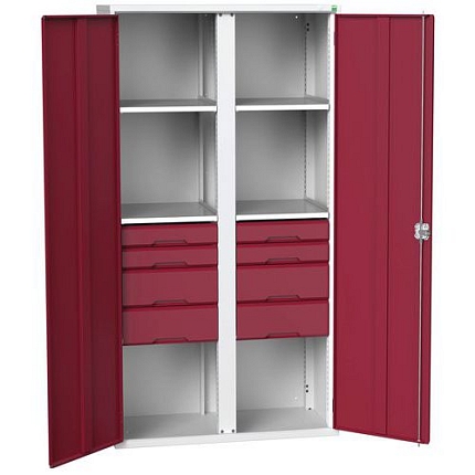 Kovová skříň pro údržbu Bott Verso, 200 x 105 x 55 cm, 4 police, 8 zásuvky, šedá-červená