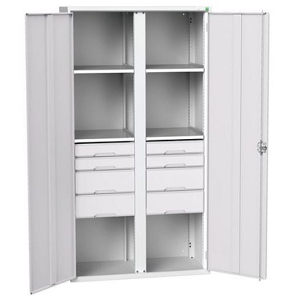 Kovová skříň pro údržbu Bott Verso, 200 x 105 x 55 cm, 4 police, 8 zásuvky, šedá-šedá