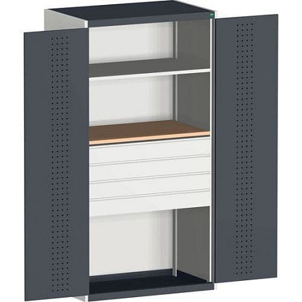 Dílenská skříň se zásuvkami Bott Cubio, multiplex, 200 x 130 x 65 cm, 1 police, 4 zásuvky, šedá-antracit