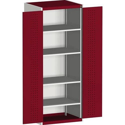 Dílenská skříň Bott Cubio, 200 x 65 x 65 cm, perfo dveře, šedá-červená