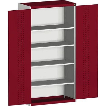 Dílenská skříň Bott Cubio, 200 x 105 x 65 cm, perfo dveře, šedá-červená