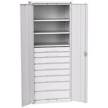 Dílenská skříň se zásuvkami Bott Verso, 200 x 80 x 55 cm, 3 police, 8 zásuvky, šedá-šedá