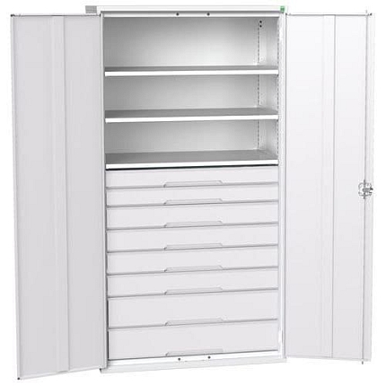 Dílenská skříň se zásuvkami Bott Verso, 200 x 105 x 55 cm, 3 police, 8 zásuvek, šedá-šedá