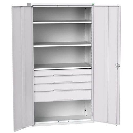 Dílenská skříň se z??suvkami Bott Verso, 200 x 105 x 55 cm, 3 police, 4 zásuvky, šedá-šedá