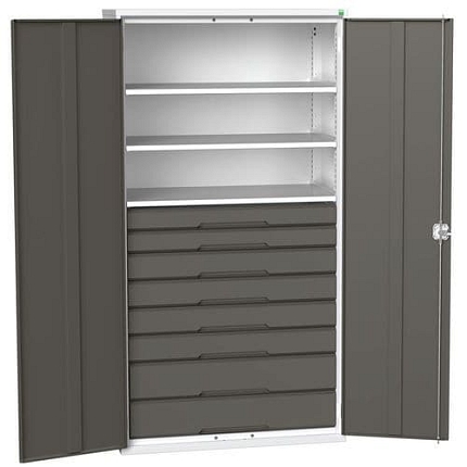 Dílenská skříň se zásuvkami Bott Verso, 200 x 105 x 55 cm, 3 police, 8 zásuvek, šedá-antracit