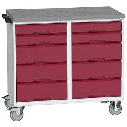 Údržový zásuvkový vozík Bott Verso, 98 x 105 x 60 cm, 10 zásuvek, linoleum, šedá-červená