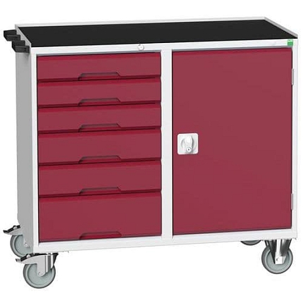 Údržový zásuvkový vozík Bott Verso, 96,5 x 105 x 55 cm, 6 zásuvek, skříňka, rohož, šedá-červená