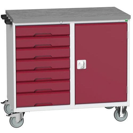 Údržový zásuvkový vozík Bott Verso, 98 x 105 x 60 cm, 7 zásuvek, skříňka, linoleum, šedá-červená