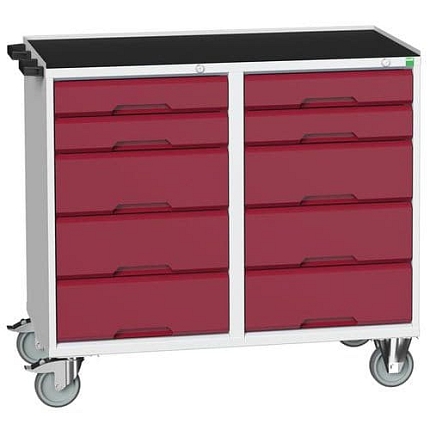 Údržový zásuvkový vozík Bott Verso, 96,5 x 105 x 55 cm, 10 zásuvek, rohož, šedá-červená