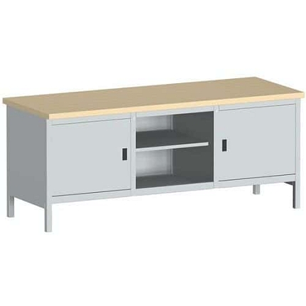 Dílenský stůl Bott Cubio Storage, 84 x 200 x 75 cm, 2 skříňky, otevřený prostor s policí, multiplex, šedá-šedá