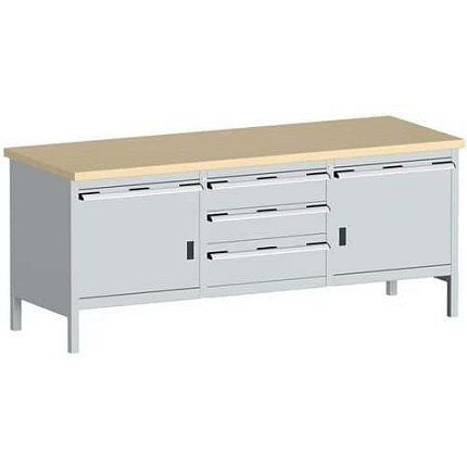Dílenský stůl Bott Cubio Storage, 84 x 200 x 75 cm, 2 skříňky, 5 zásuvek, multiplex, šedá-šedá