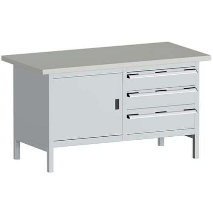 Dílenský stůl Bott Cubio Storage, 84 x 150 x 75 cm, 3 zásuvky, skříňka, linoleum, šedá-šedá