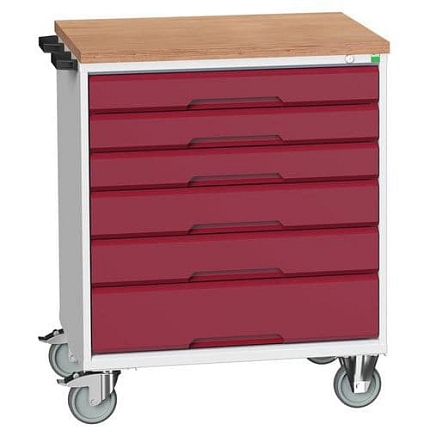 Mobilní pracovní stůl se zásuvkami Bott Verso, 98 x 80 x 60 cm, 6 zásuvek, rohož, šedá-červená