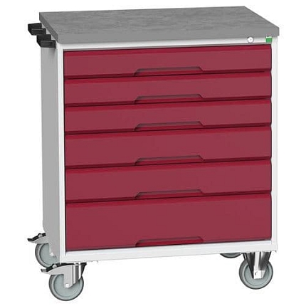 Mobilní pracovní stůl se zásuvkami Bott Verso, 98 x 80 x 60 cm, 6 zásuvek, linoleum, šedá-červená
