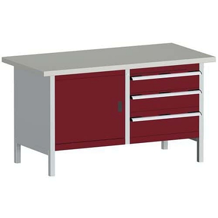 Dílenský stůl Bott Cubio Storage, 84 x 150 x 75 cm, 3 zásuvky, skříňka, linoleum, šedá-červená