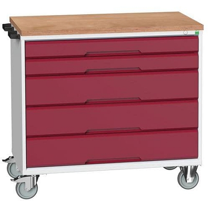 Mobilní pracovní stůl se zásuvkami Bott Verso, 98 x 105 x 60 cm, 5 zásuvek, multiplex, šedá-červená