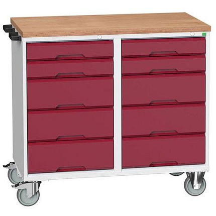 Údržový zásuvkový vozík Bott Verso, 98 x 105 x 60 cm, 10 zásuvek, multiplex, šedá-červená